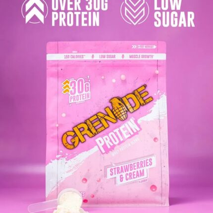 Grenade Protein Strawberries & Cream whey protein pouch with 30g protein displayed on a pink background with a scoop of protein powder.